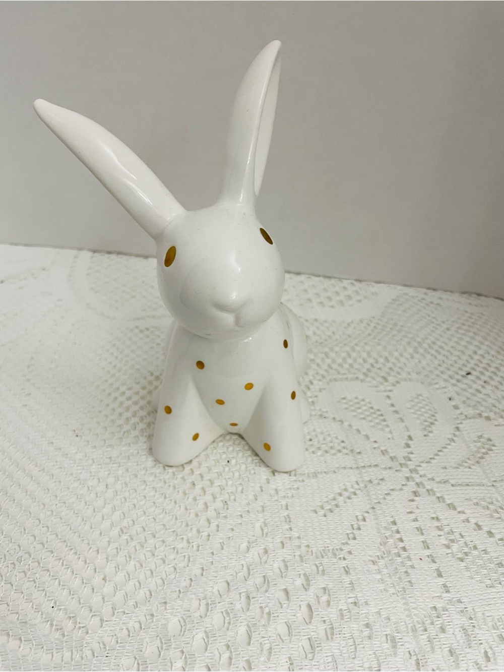 White Ceramic Bunny Figurine with Gold Dots - Decorative Home Art